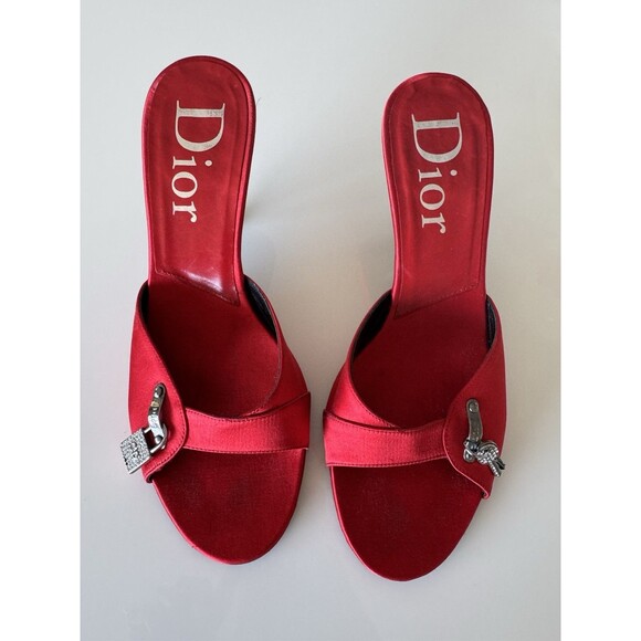 Dior Shoes - Vintage Dior Galliano Red Satin Lock & Key Mules EU 37.5 Authentic Shoes Y2K